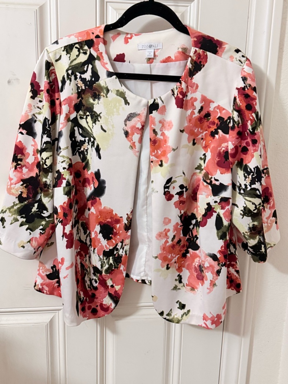 Roz & Ali White Floral Open Front Jacket with Pink and Green Accents